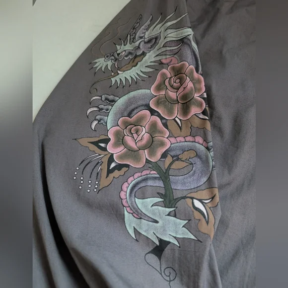 Vtg Ed Hardy Christian Audigier Floral Skull Kiss Of Death Men’s XL Grey - Picture 14 of 16